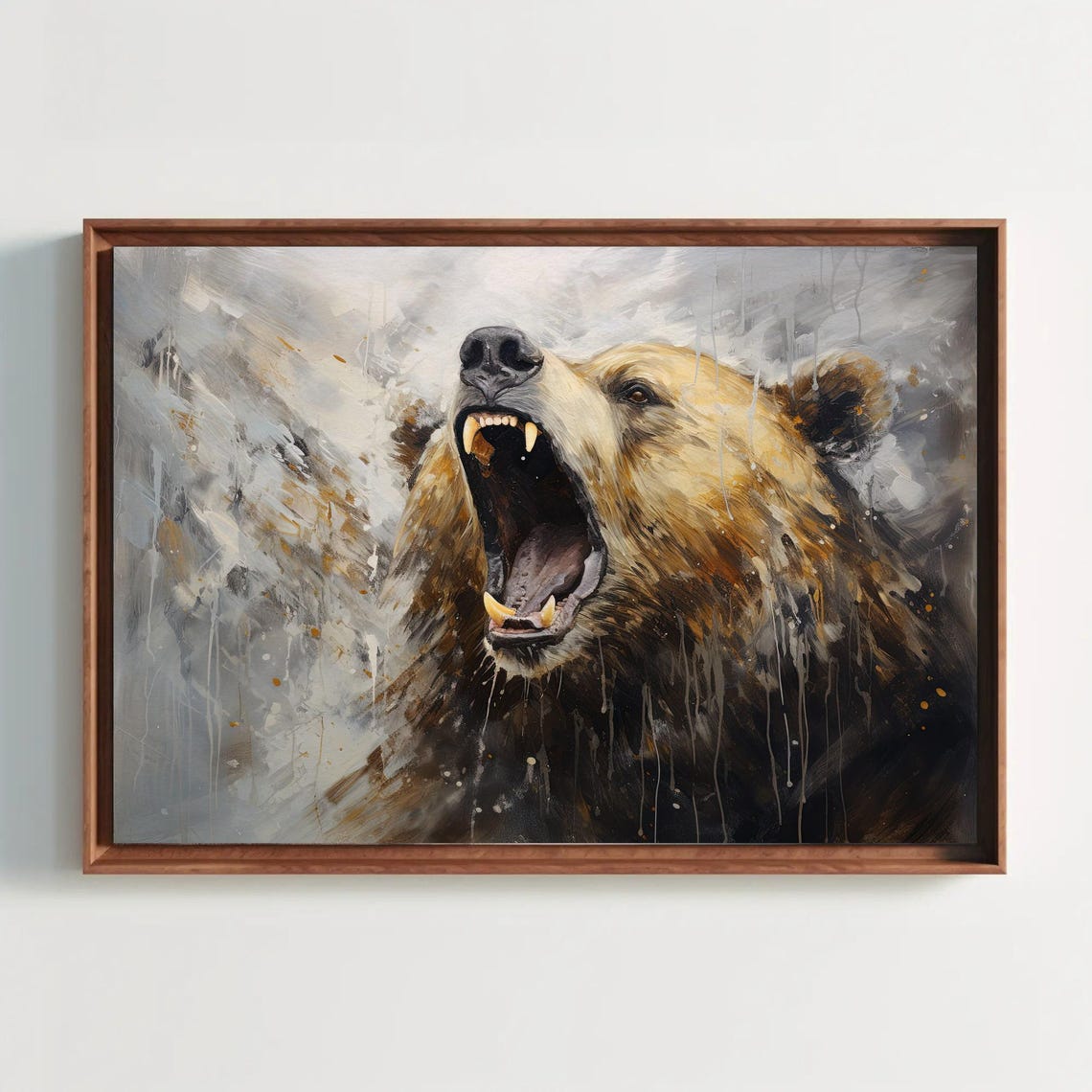 Roaring Grizzly Bear Portrait in Gray Abstract Painterly Style Poster