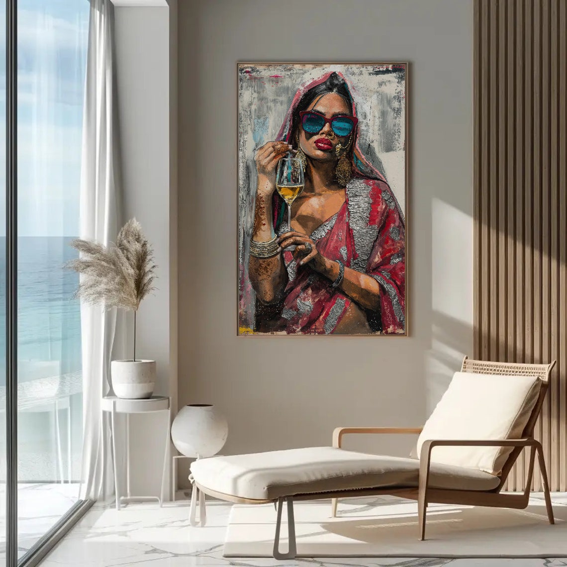Brown Girl In Saree With Sunglasses And Wine Print Abstract Painting Modern Indian Wall Art Desi Art South Asian Print Girl Room - Image 2