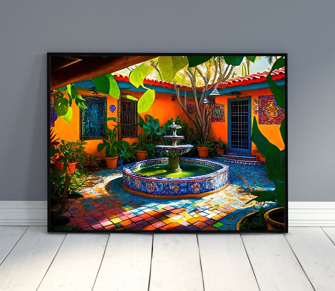 Mexican Courtyard With a Colorful Mosaic Tile Fountain Poster - Image 2