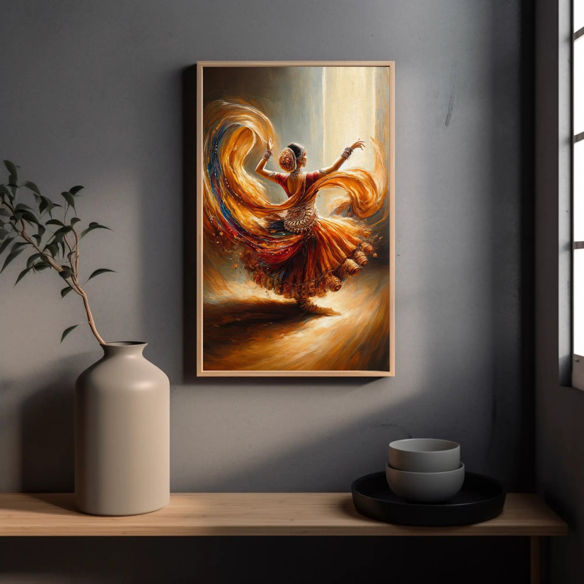 Indian Classical Dancer Spinning Orange Skirt Back View Poster - Image 3