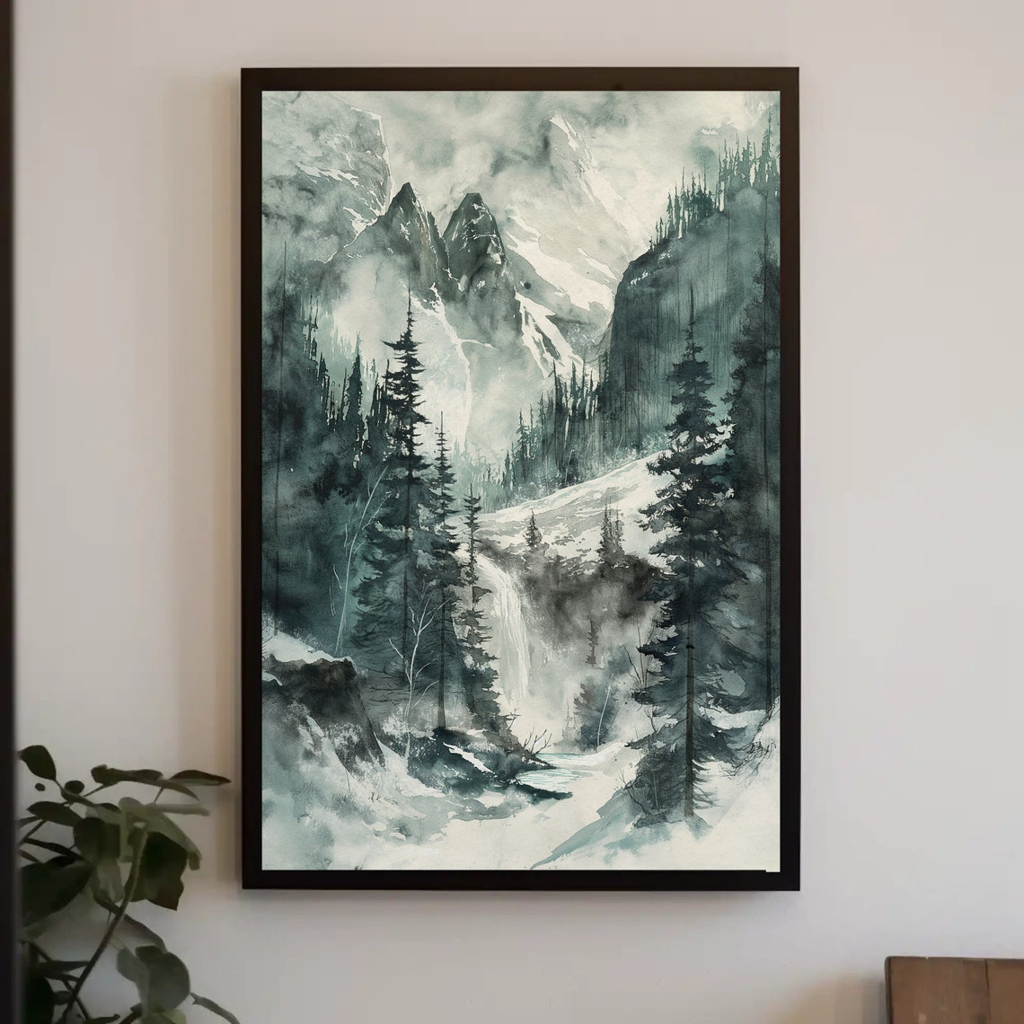 Waterfall In A Pines Forest With Snowy Mountains Framed Print Nature Watercolor Painting Pine Trees Wall Art Mountain