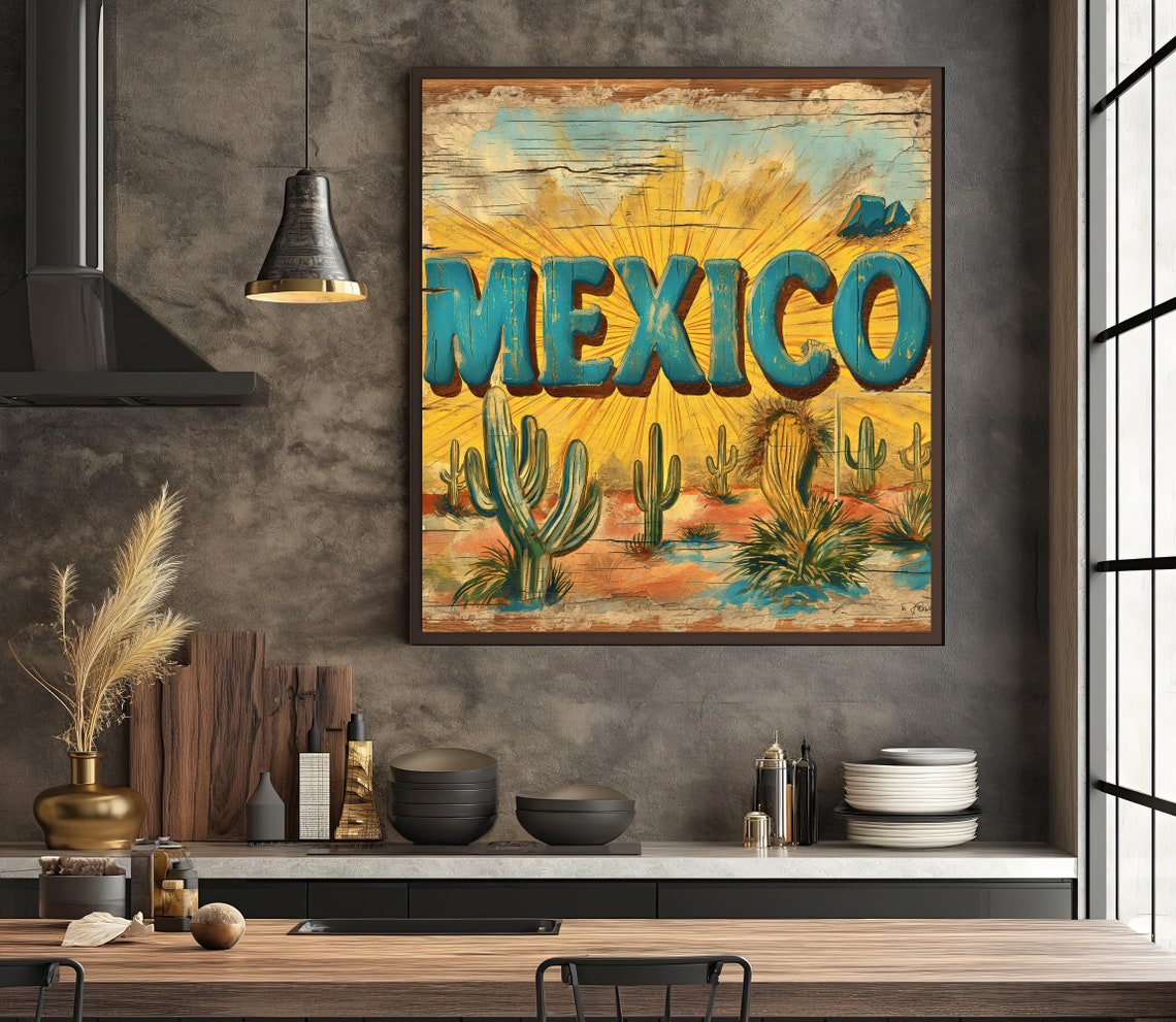Retro Mexico Desert Cacti Scene at Sunset Wood Sign Wall Poster - Image 2
