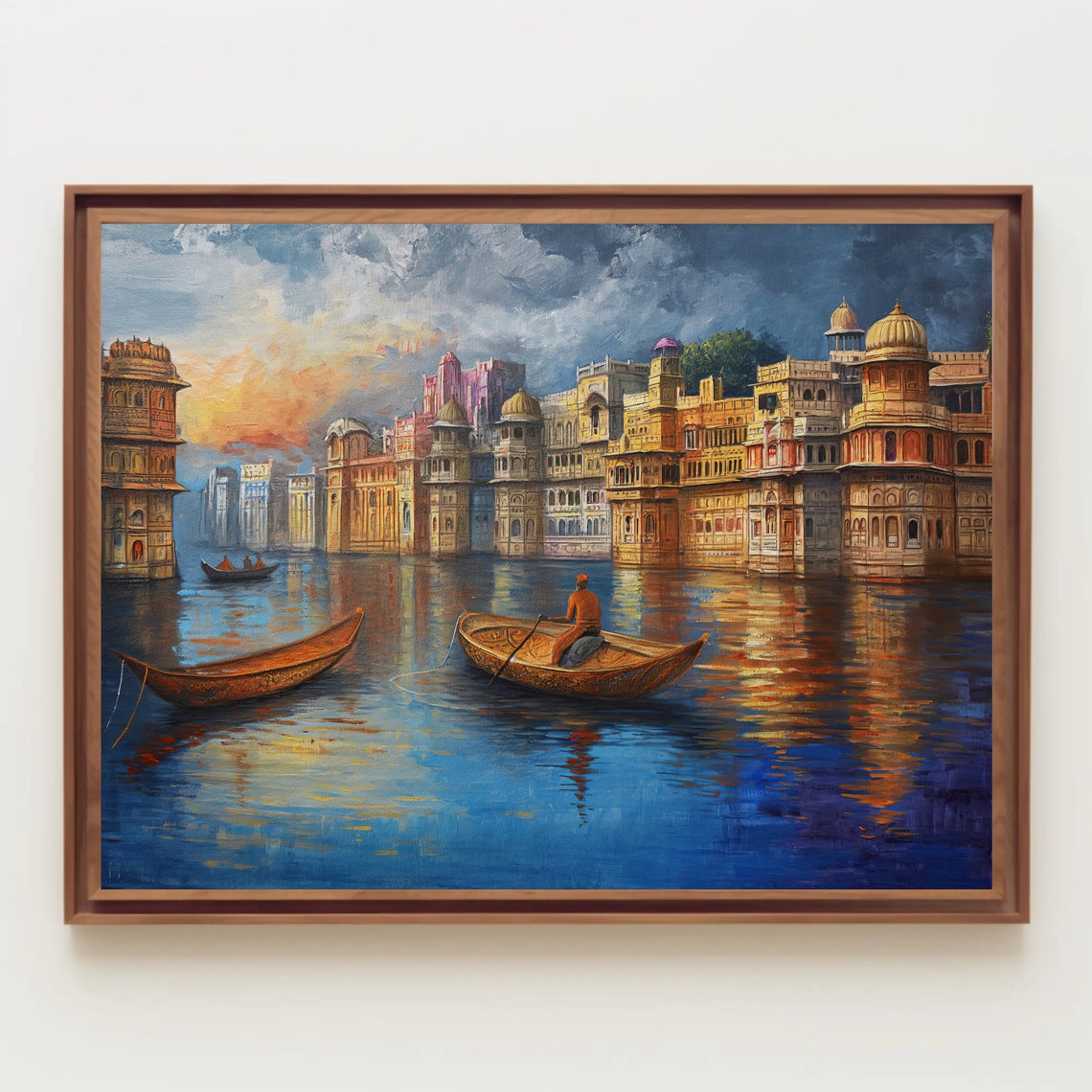 Dusk Boats On Indian River Ghats Riverside Cityscape Painting Poster - Image 5