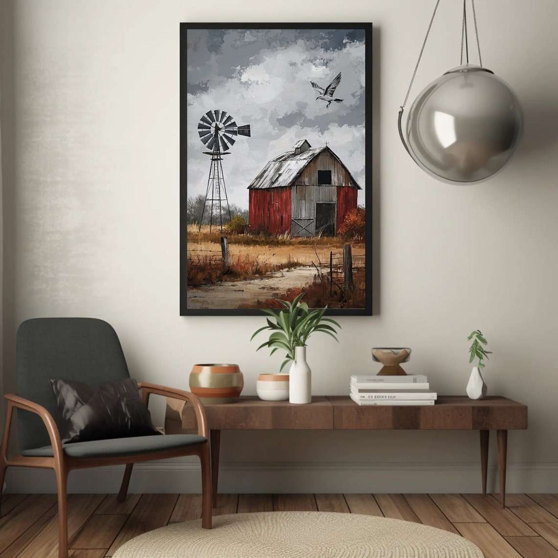 Red Barn Windmill and Seagull Rustic Farm Landscape Poster Moody Sky - Image 2