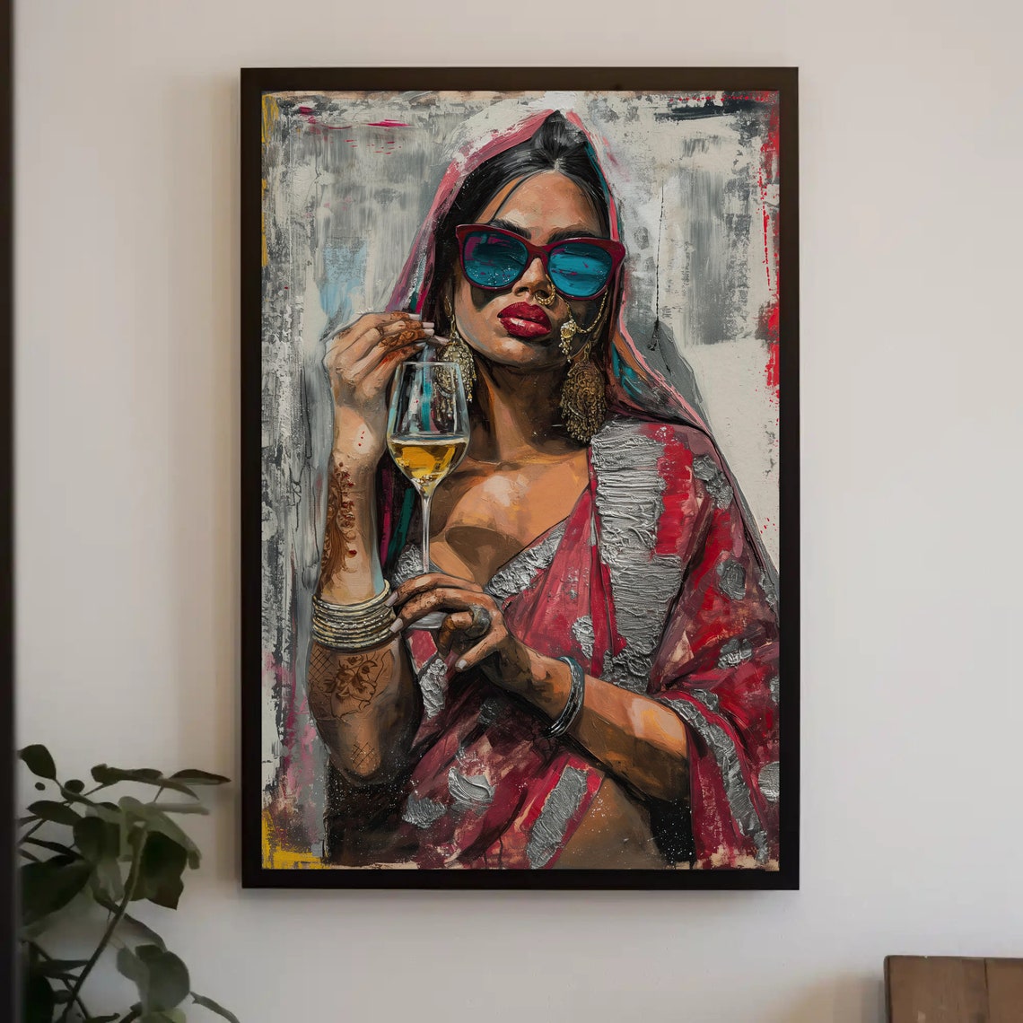 Woman In Red Saree With Sunglasses And Wine Abstract Painting Poster