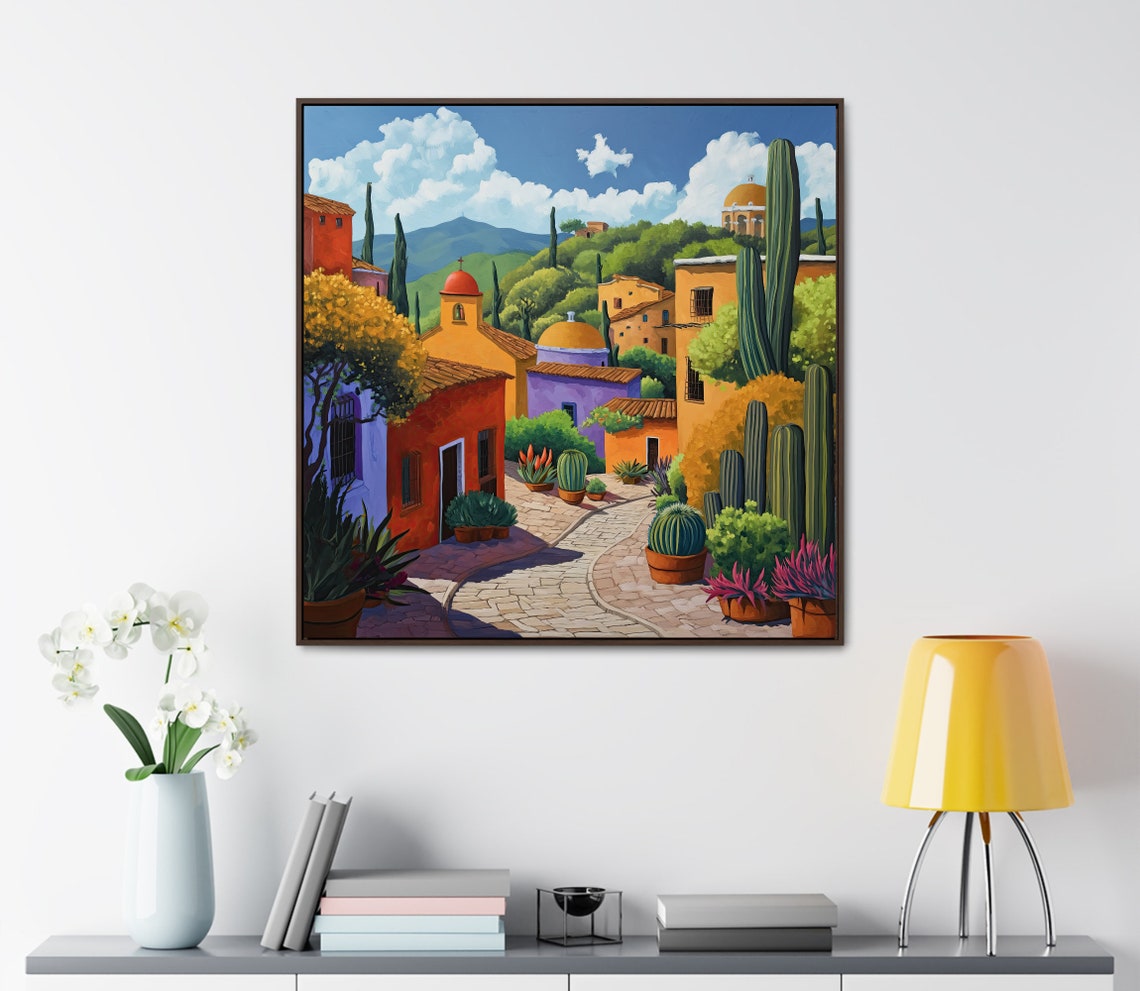 Colorful Mexican Hillside Town Church Domes Cacti Painting Poster - Image 3