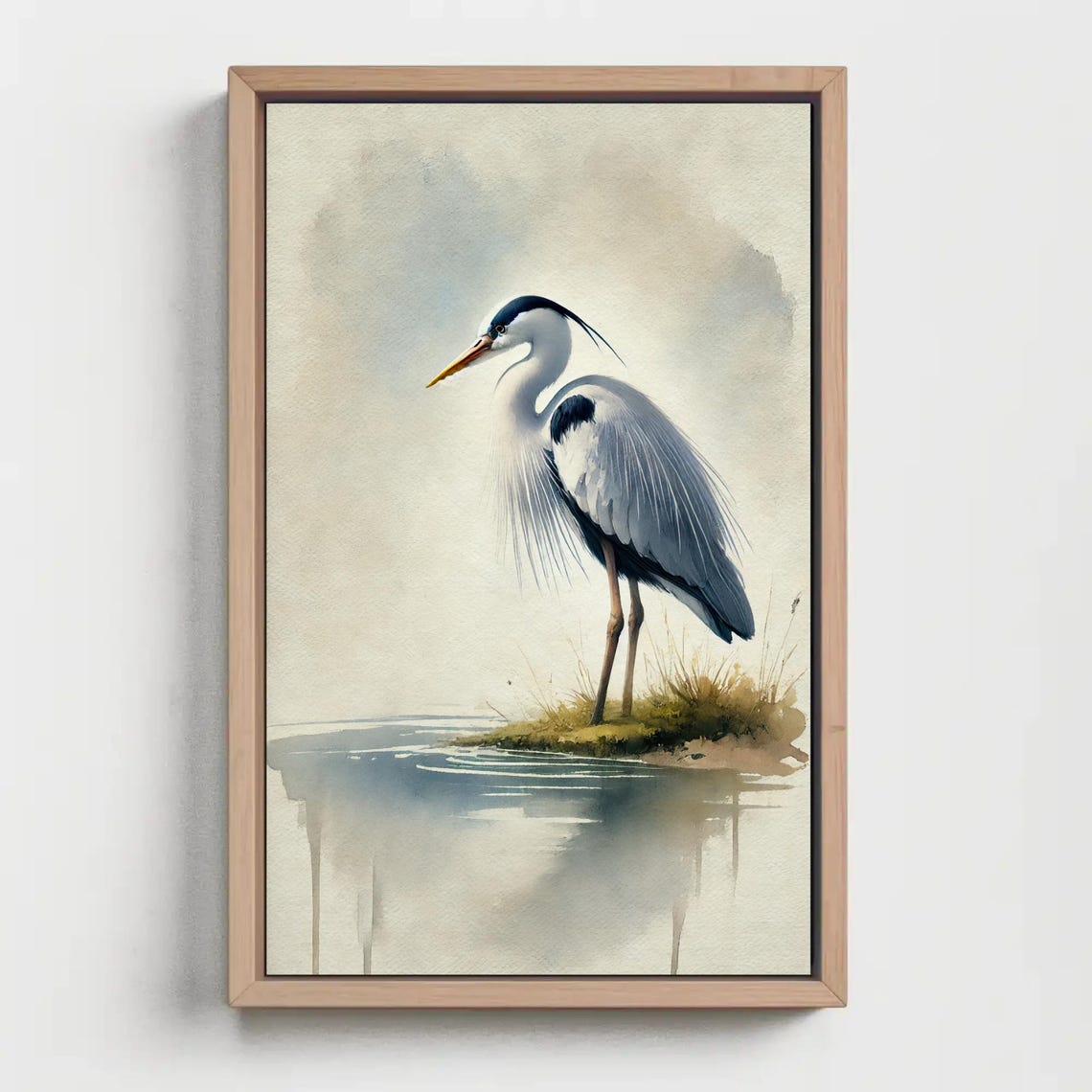 Solitary Grey Heron At Water Reflection Soft Watercolor Poster - Image 4