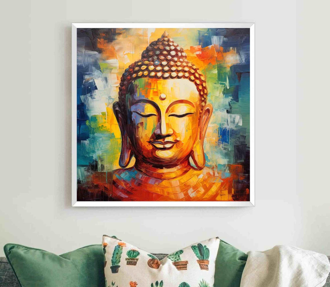 Buddha Face in Vibrant Impasto Gold Blue Oil Painting Poster - Image 5