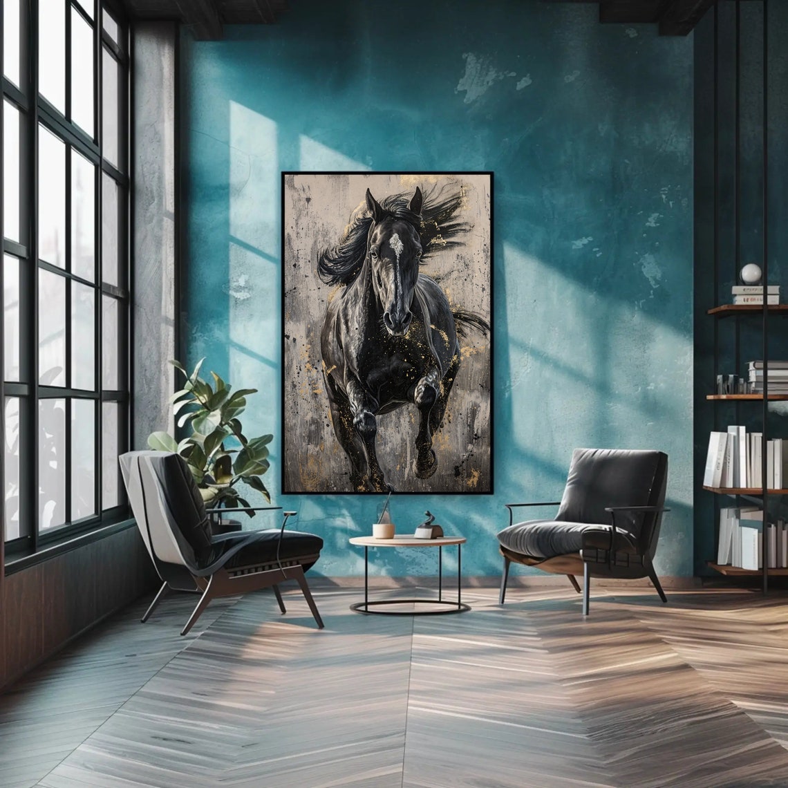 Black Galloping Horse Gold Splatter Dramatic Animal Wall Art - Image 4