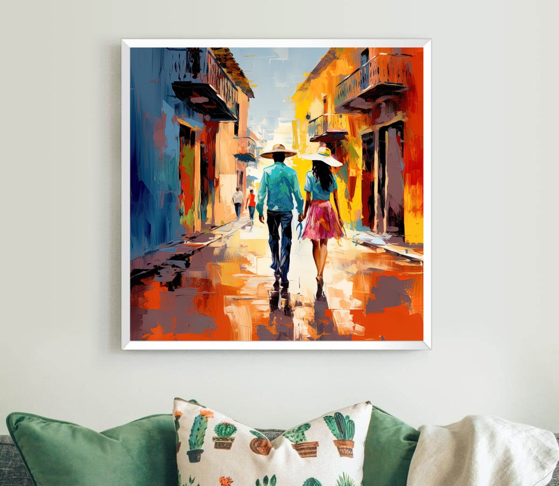 Mexican Couple Strolling Colorful Colonial Street Rain Poster - Image 5