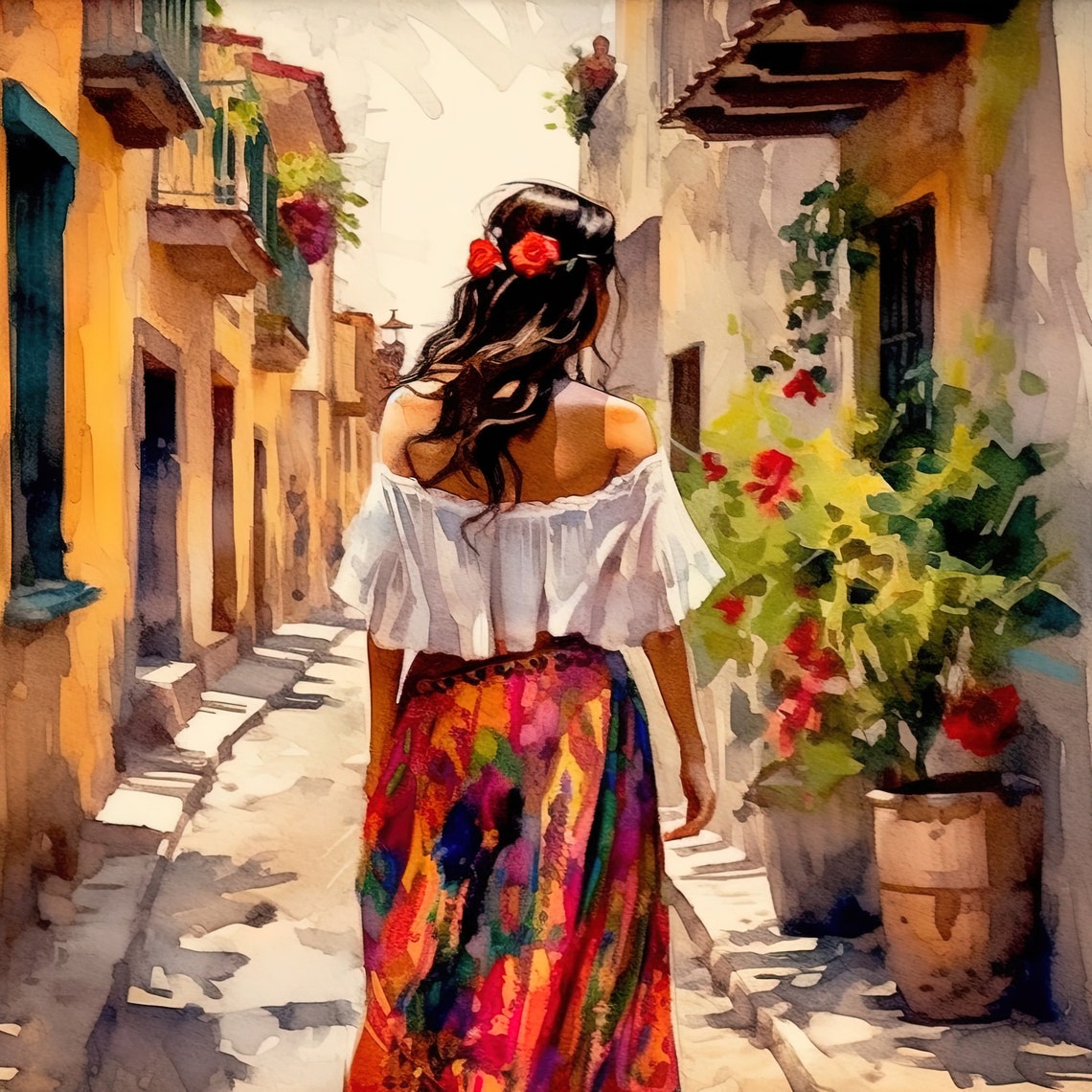 Mexican Woman In Colorful Skirt Walking A Sunlit Old Town Alley Poster