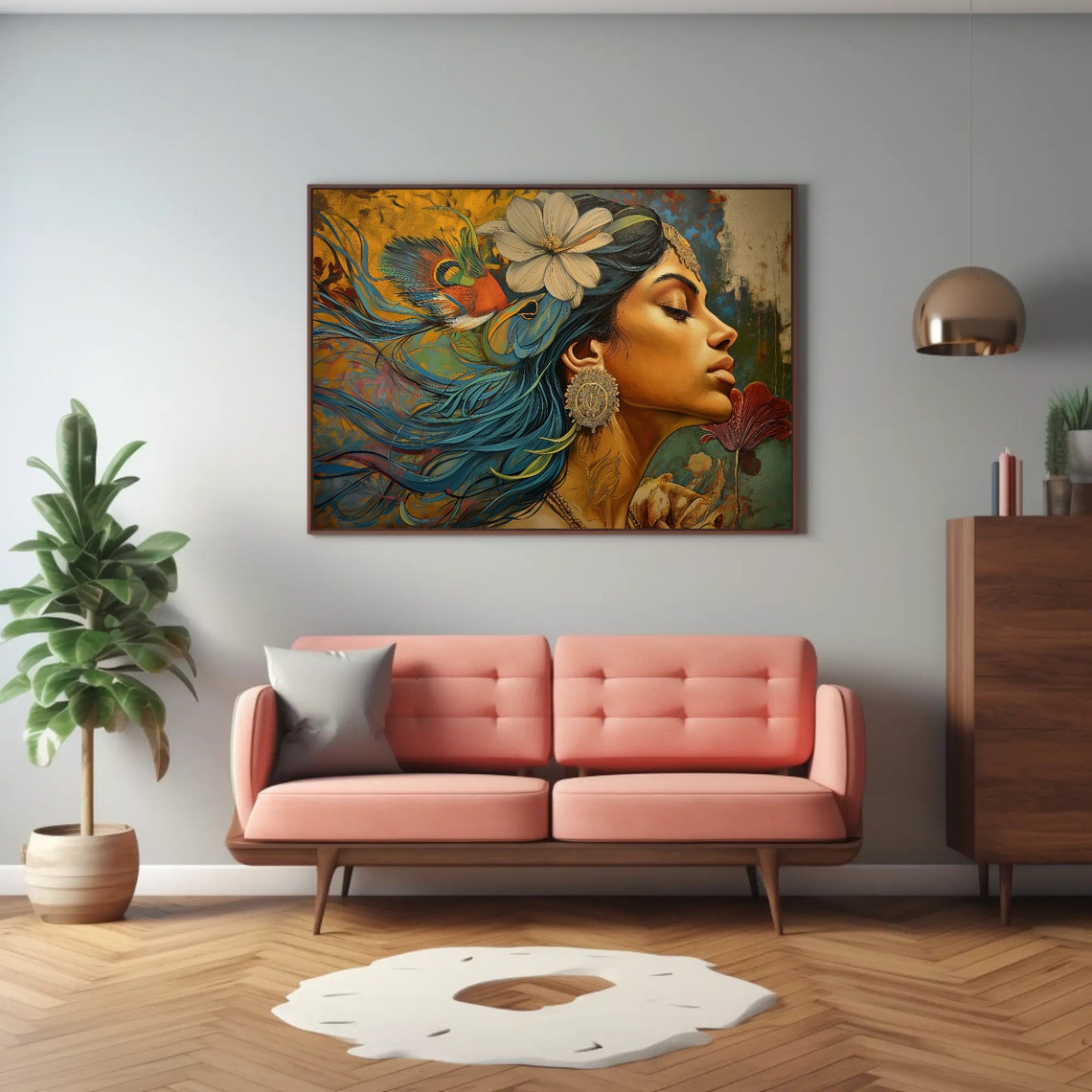 Indian Woman with Peacock Feather Golden Abstract Portrait Poster - Image 2