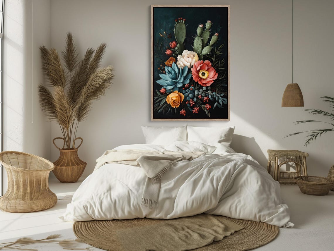 Cactus Roses And Poppies Bouquet Dark Botanical Still Life Poster - Image 5