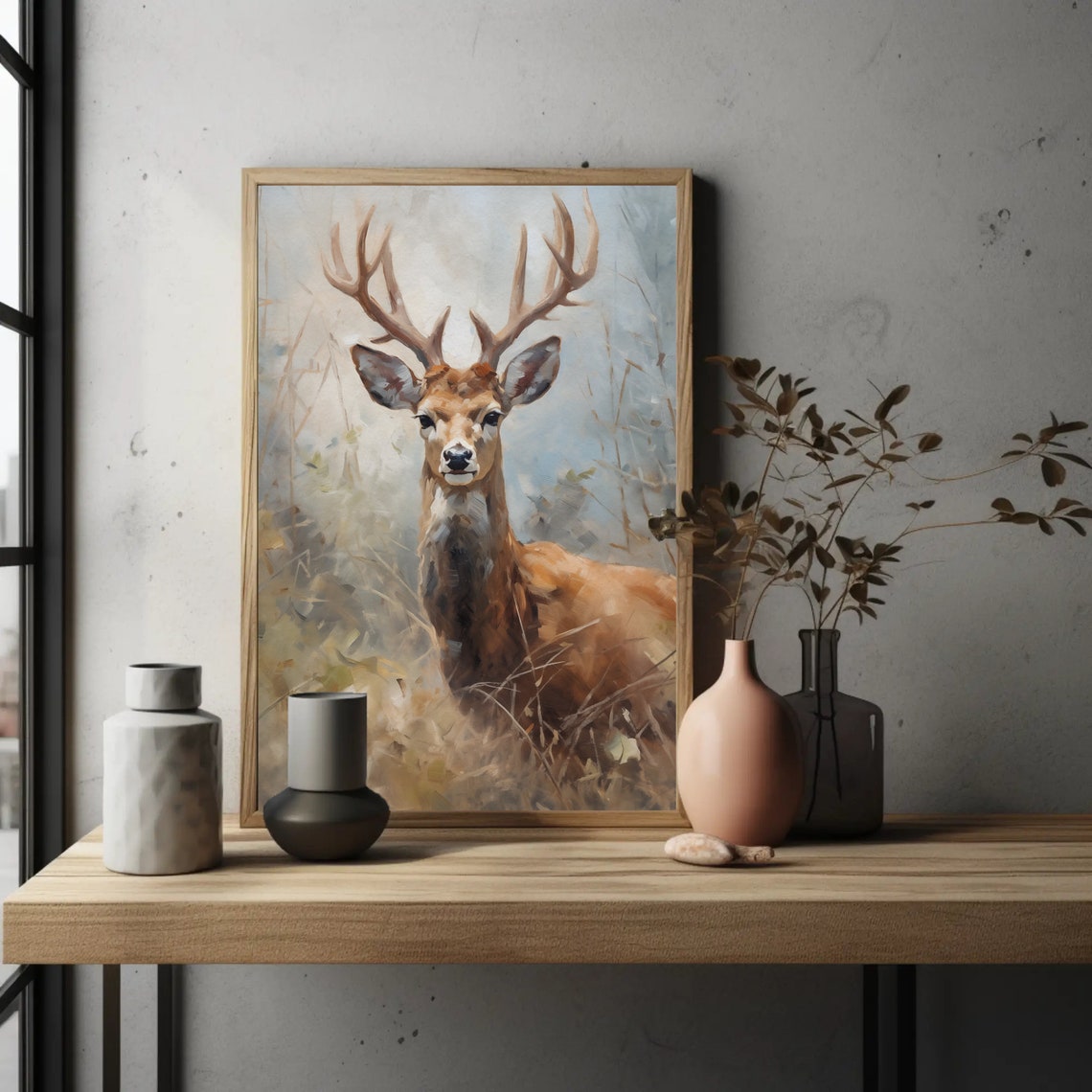 Majestic Wild Stag Deer Antlers Misty Forest Impressionist Wall Art - Image 2