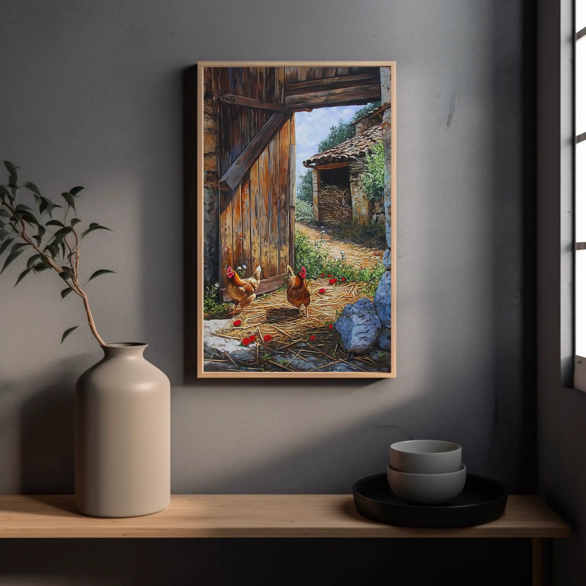 Chickens At The Barn Door Rustic Farmhouse Oil Painting Poster - Image 5
