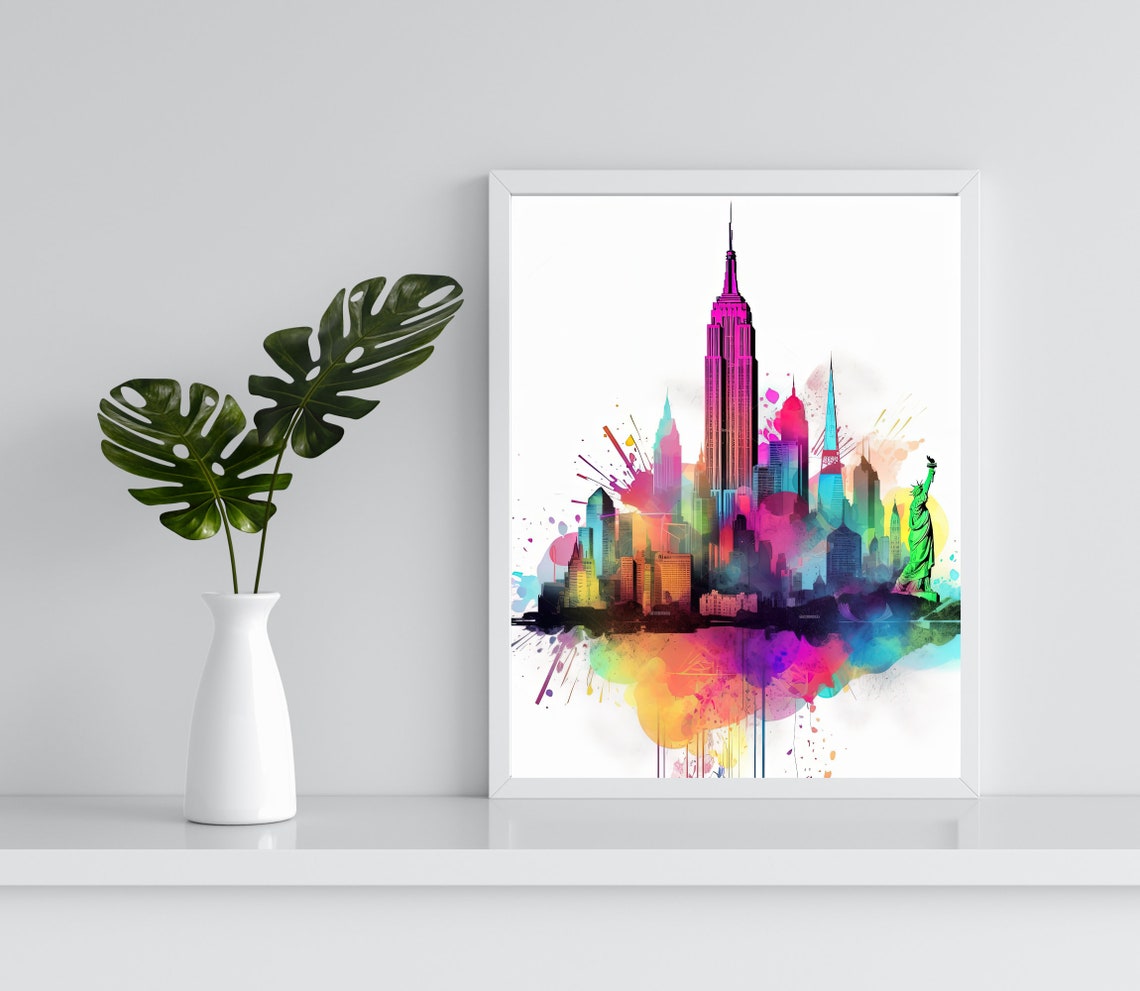 New York City Skyline Watercolour With Statue of Liberty Poster - Image 3
