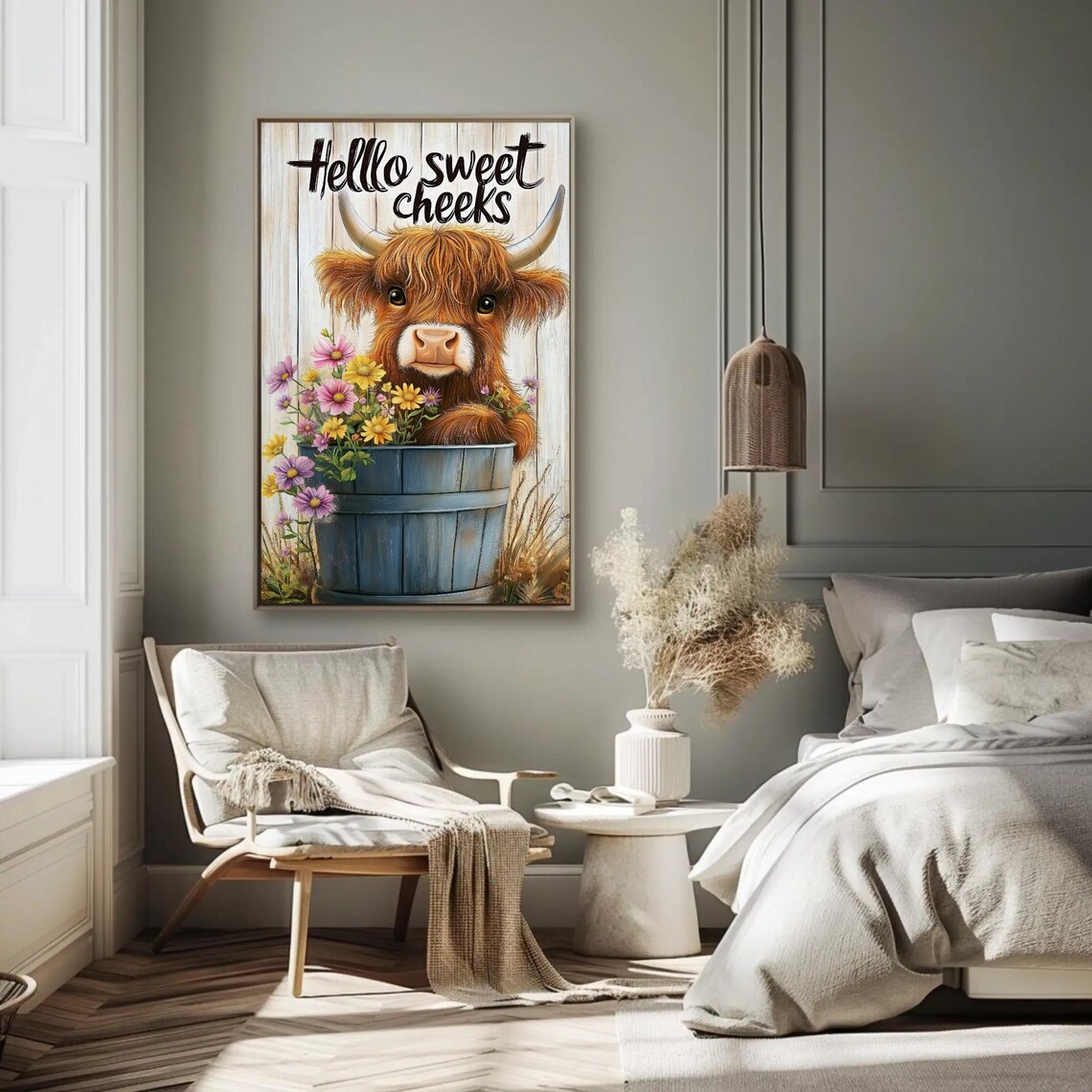 Highland Cow With Flowers, Rustic Farmhouse Art Print - Image 2