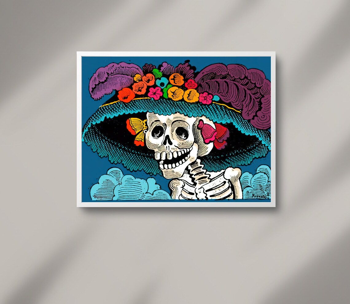 La Calavera Catrina Day Of The Dead Blue Mexican Folk Art Poster - Image 4