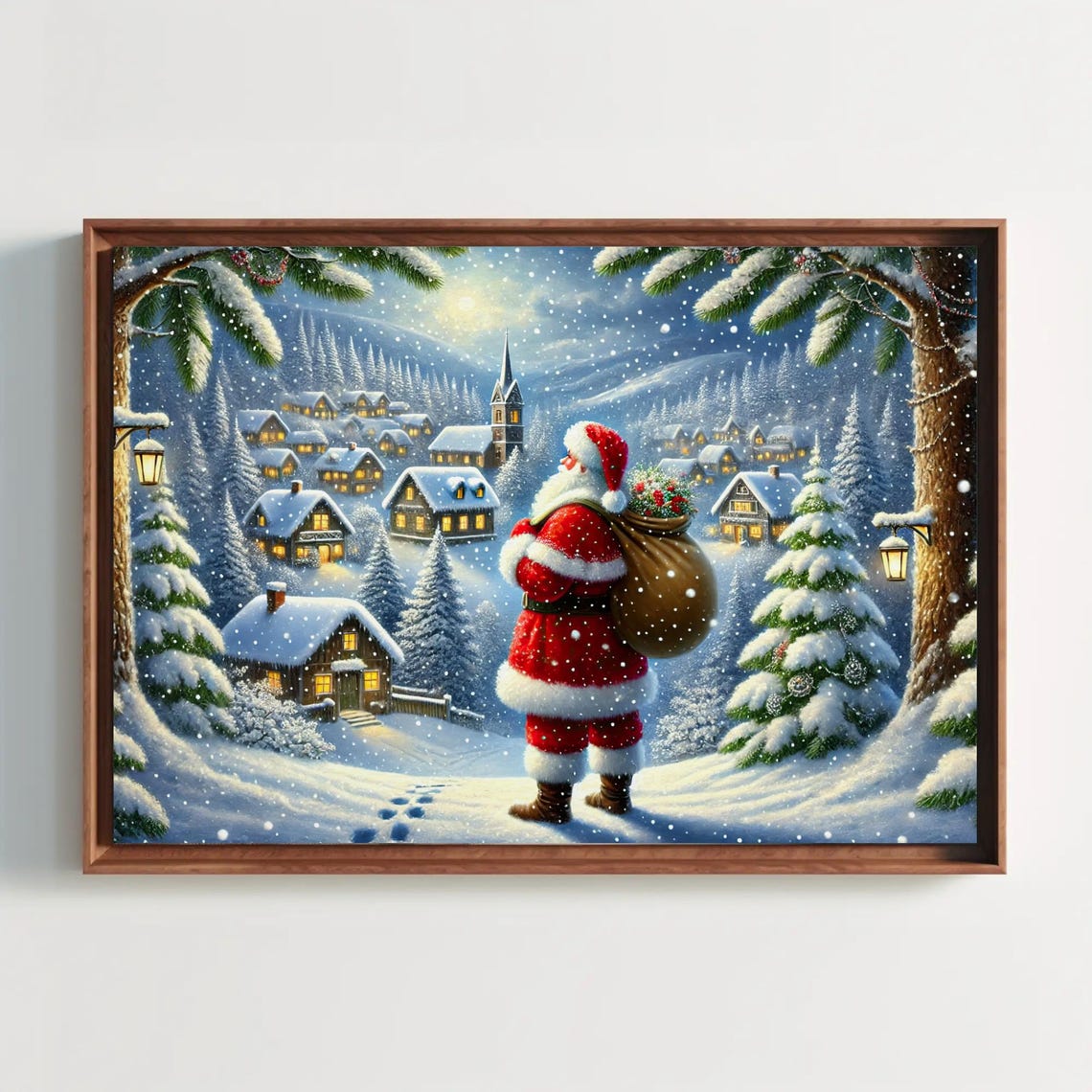 Santa Claus Walking Toward A Snowy Village Under Moonlight Poster - Image 3