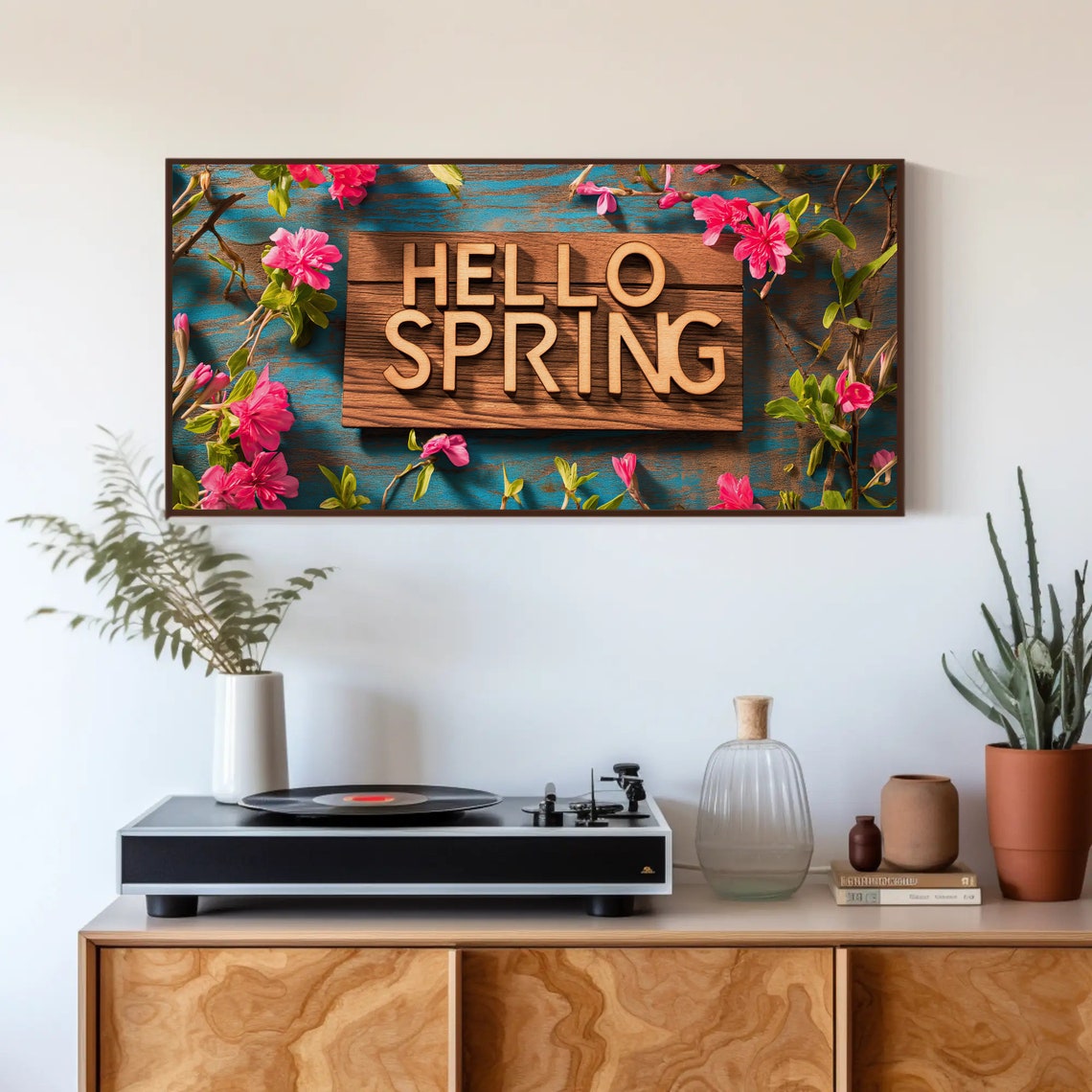 Hello Spring Wooden Sign Teal Planks Pink Blossom Decor Poster - Image 4