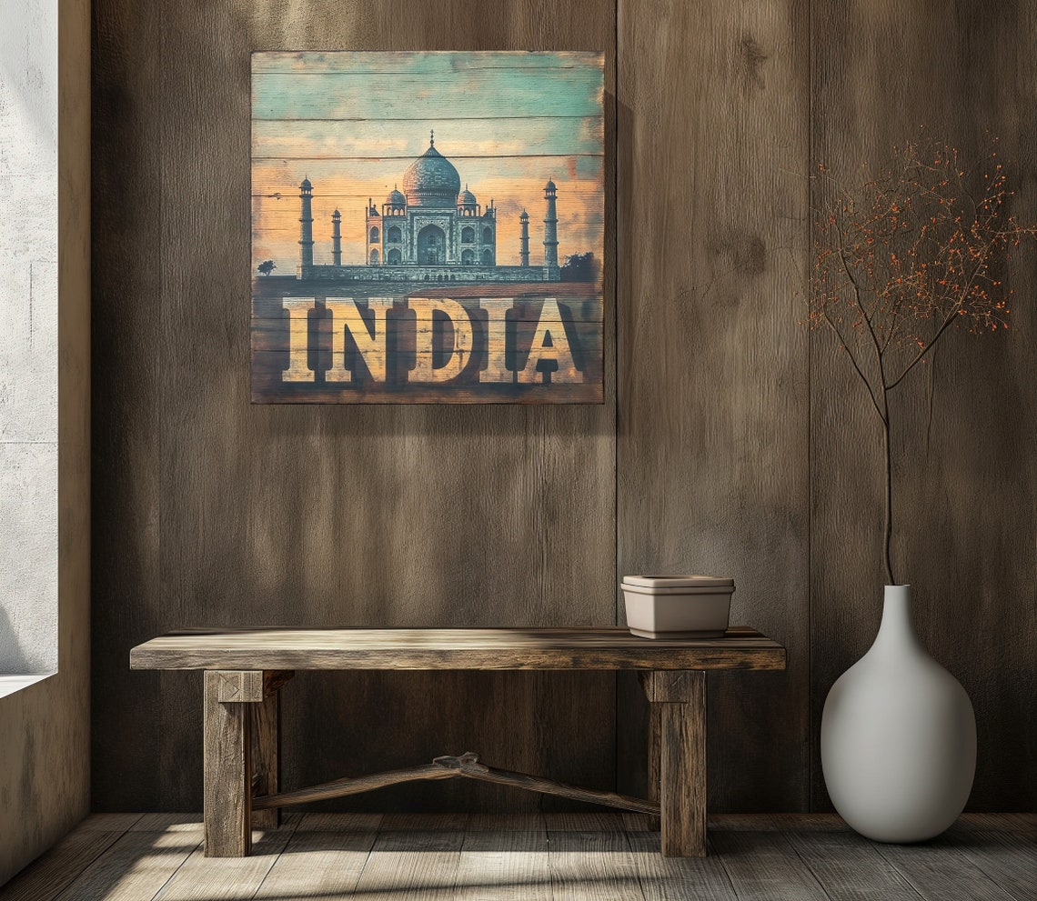 Taj Mahal India Sunset Vintage Sign on Wood Travel Wall Poster - Image 4