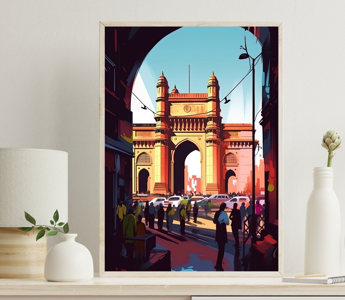 Gateway Of India Print Busy Mumbai Painting Bombay Wall Art Indian Decor Indian Painting Indian Home Decor India Art Indian Print