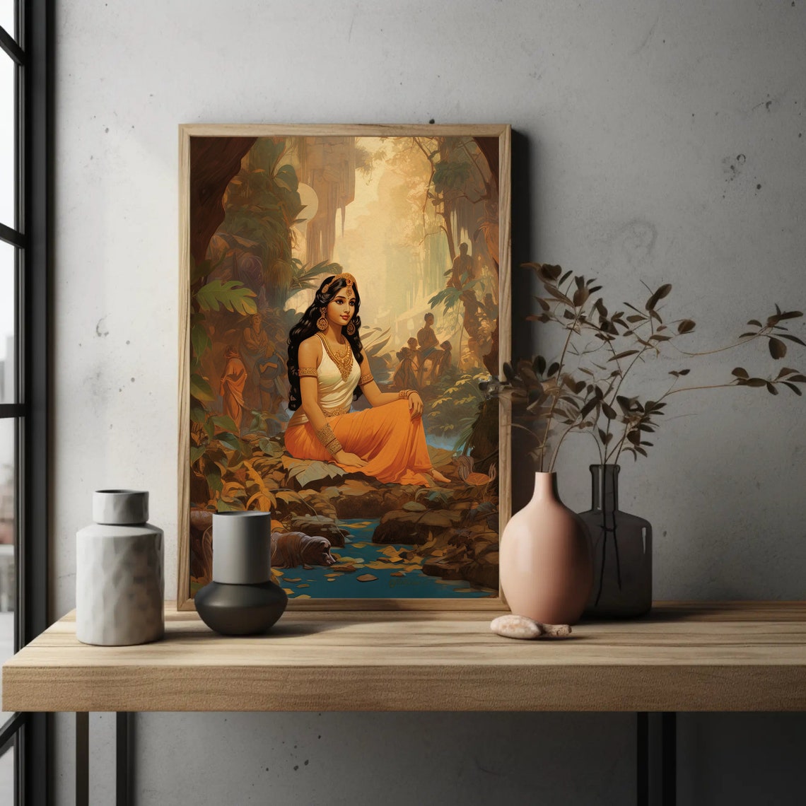 Large Indian Beauty in Jungle Warm Golden Figurative Art Print - Image 4