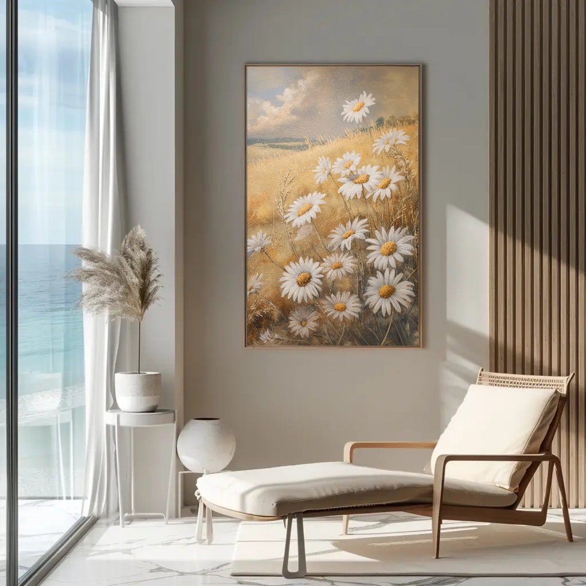 White Daisies In A Golden Wheat Field Floral Oil Painting Poster - Image 4