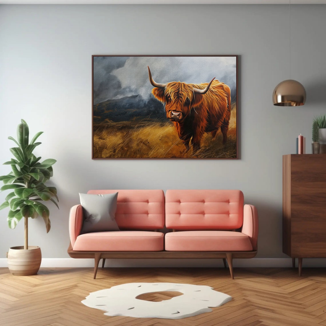 Highland Cow in Misty Field Moody Rustic Farm Painting Poster - Image 2