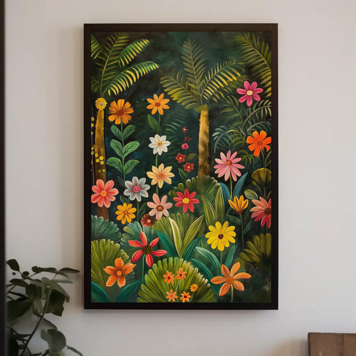 Tropical Jungle With Vibrant Flowers Colorful Naive Botanical Poster