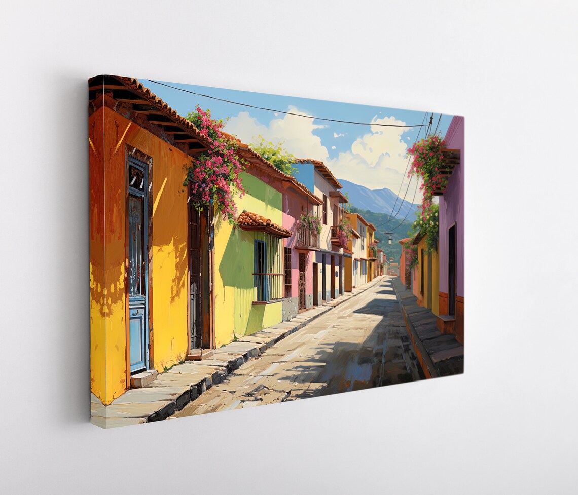 El Salvador Colorful Colonial Street Sunlit Town Painting Poster - Image 3