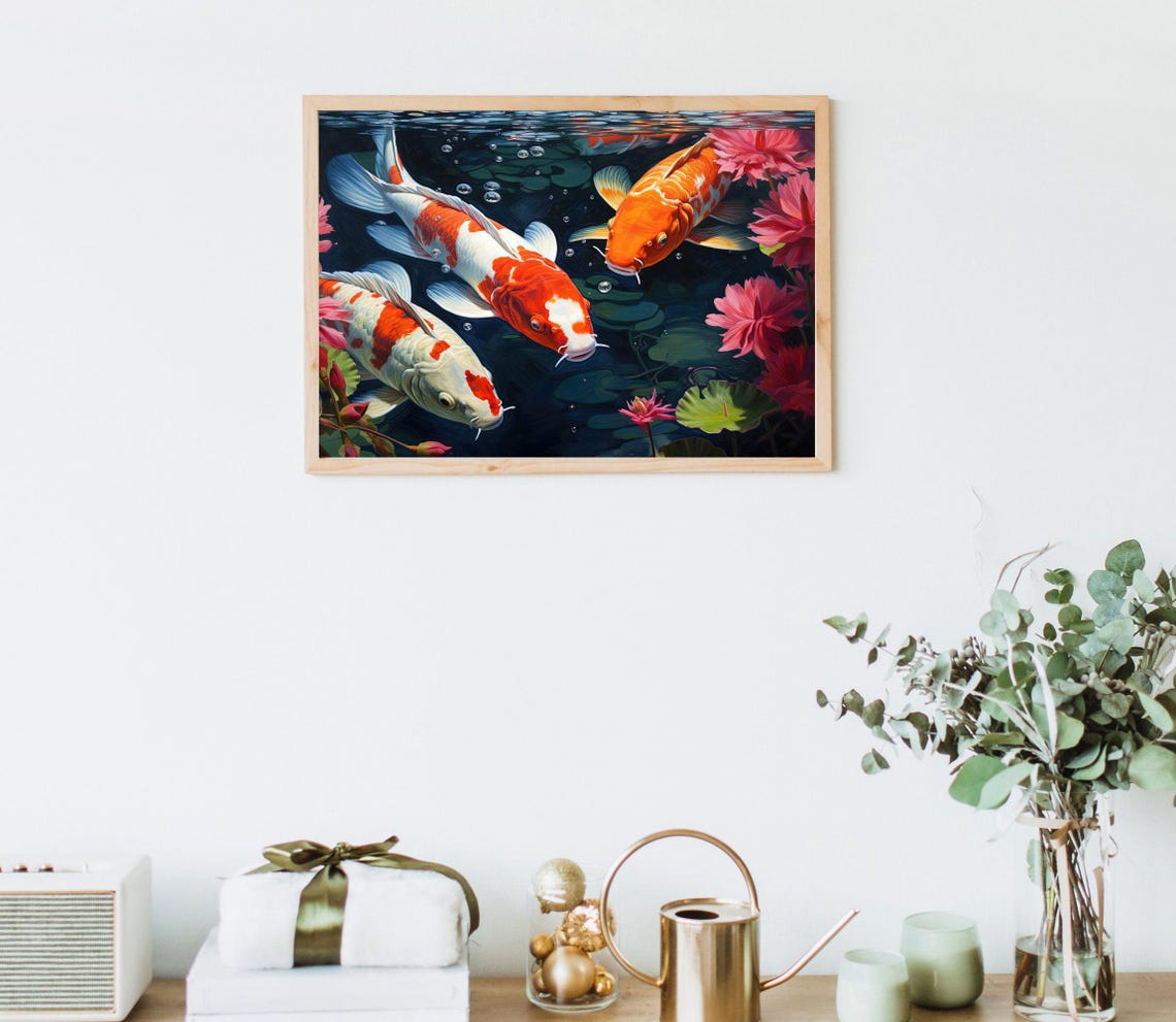 Koi Fish Pond With Lotus Blossoms Detailed Oil Painting Poster - Image 5