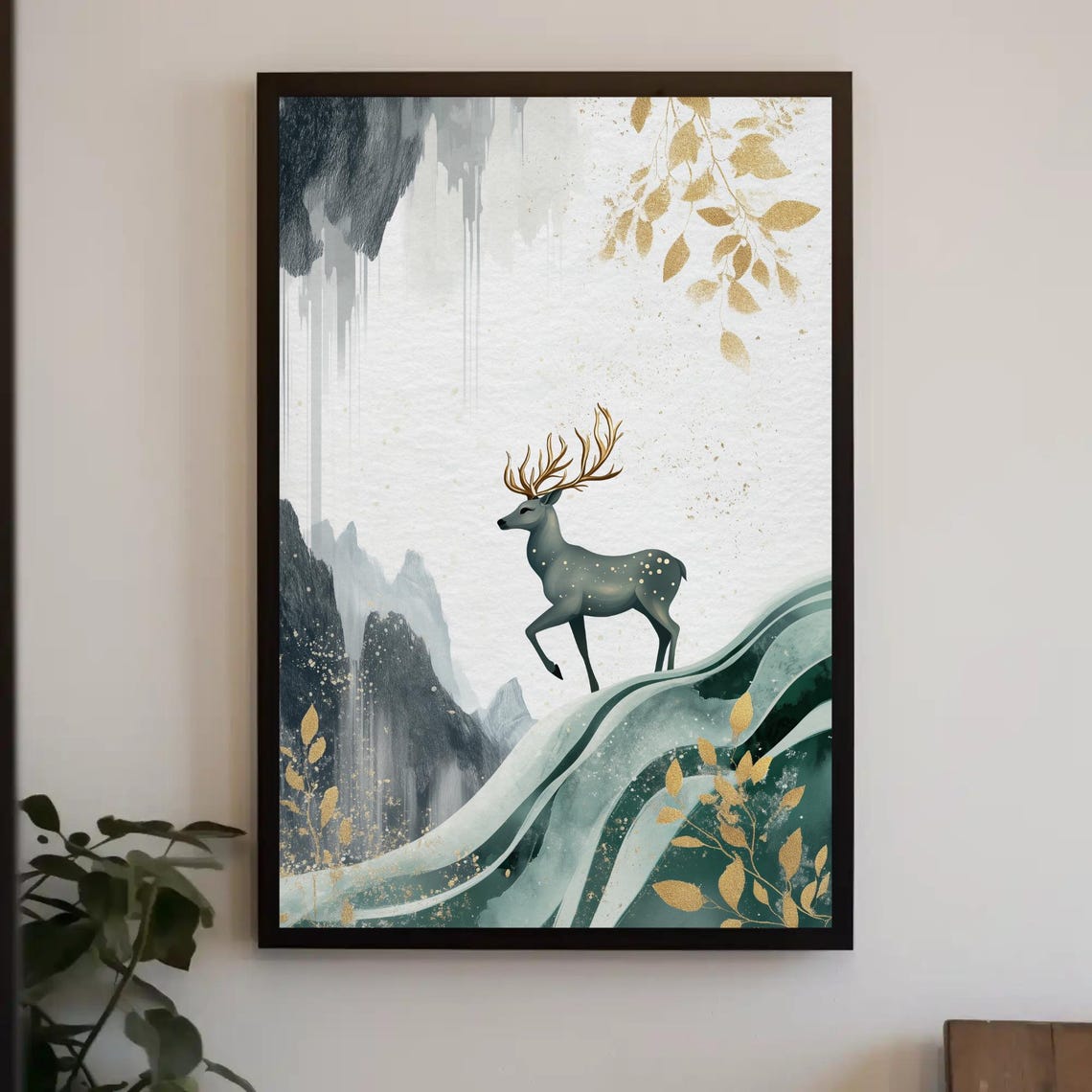 Silver Stag With Golden Antlers Climbing Misty Green Hillside Poster