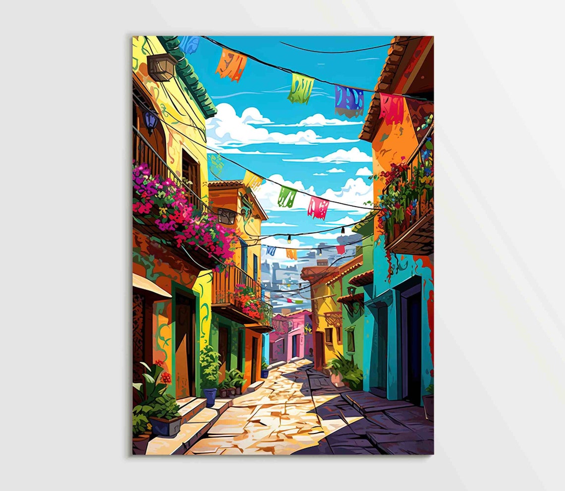 Colorful Mexican Street With Hanging Papel Picado Flags Art Poster - Image 5