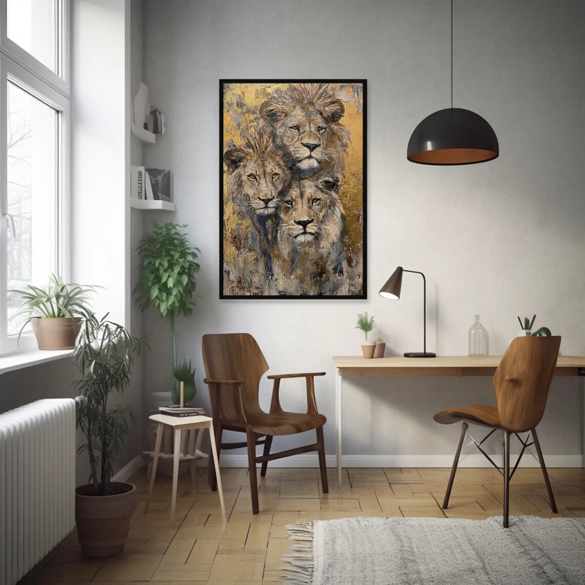 Lion Family Portrait in Gold Oil Painting Wildlife Wall Poster - Image 2