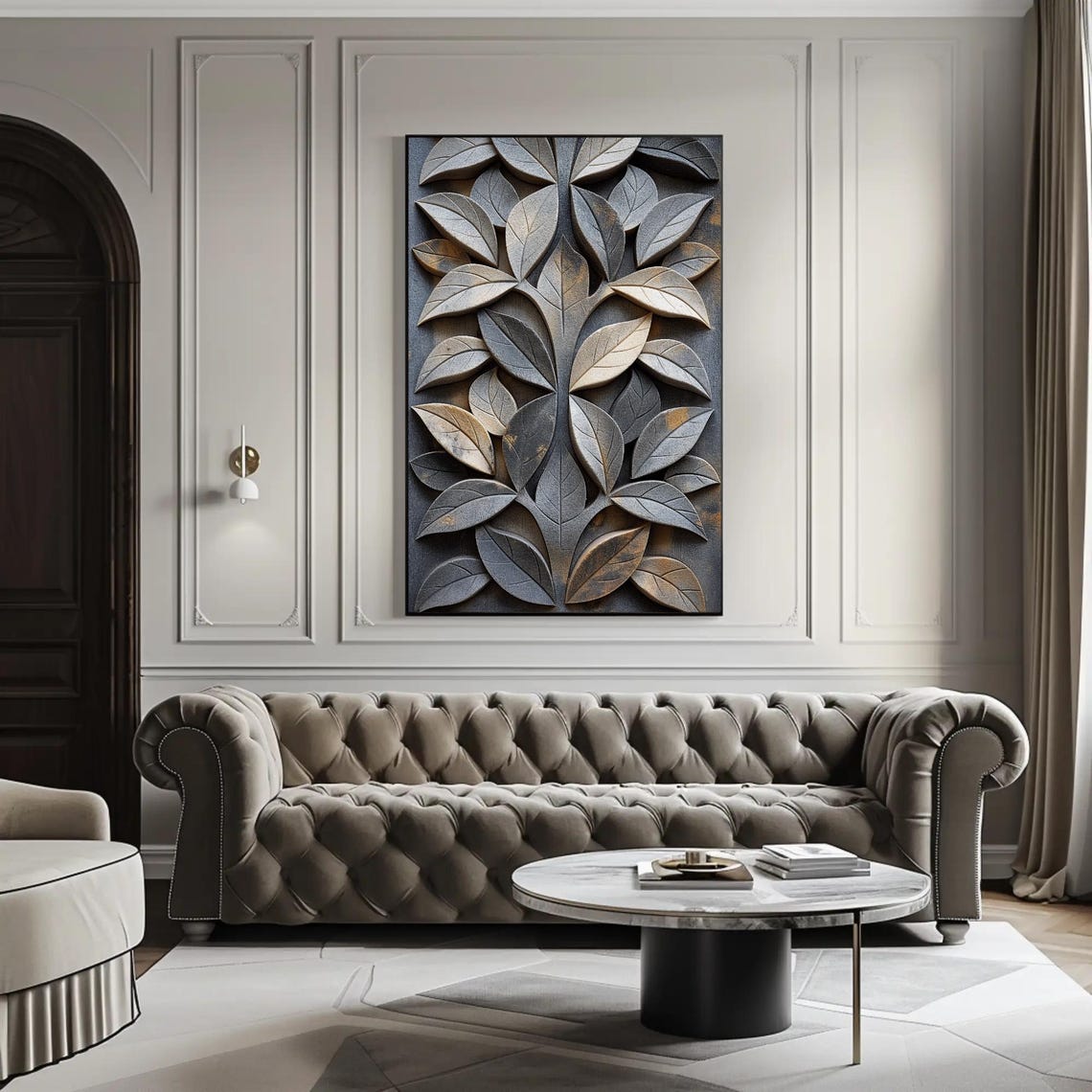 Carved Stone Leaf Relief In Grey And Gold Botanical Wall Art - Image 5