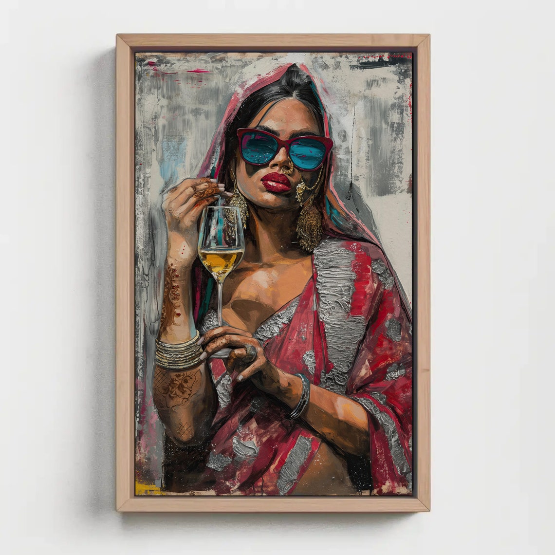 Woman In Red Saree With Sunglasses And Wine Abstract Painting Poster - Image 3