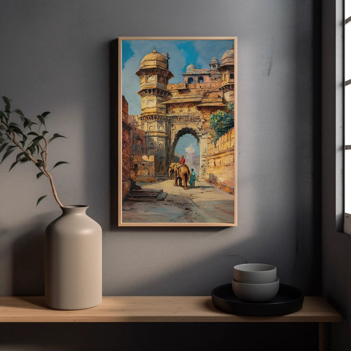 Indian Fort Gateway With Elephant Vintage India Oil Painting Poster - Image 4