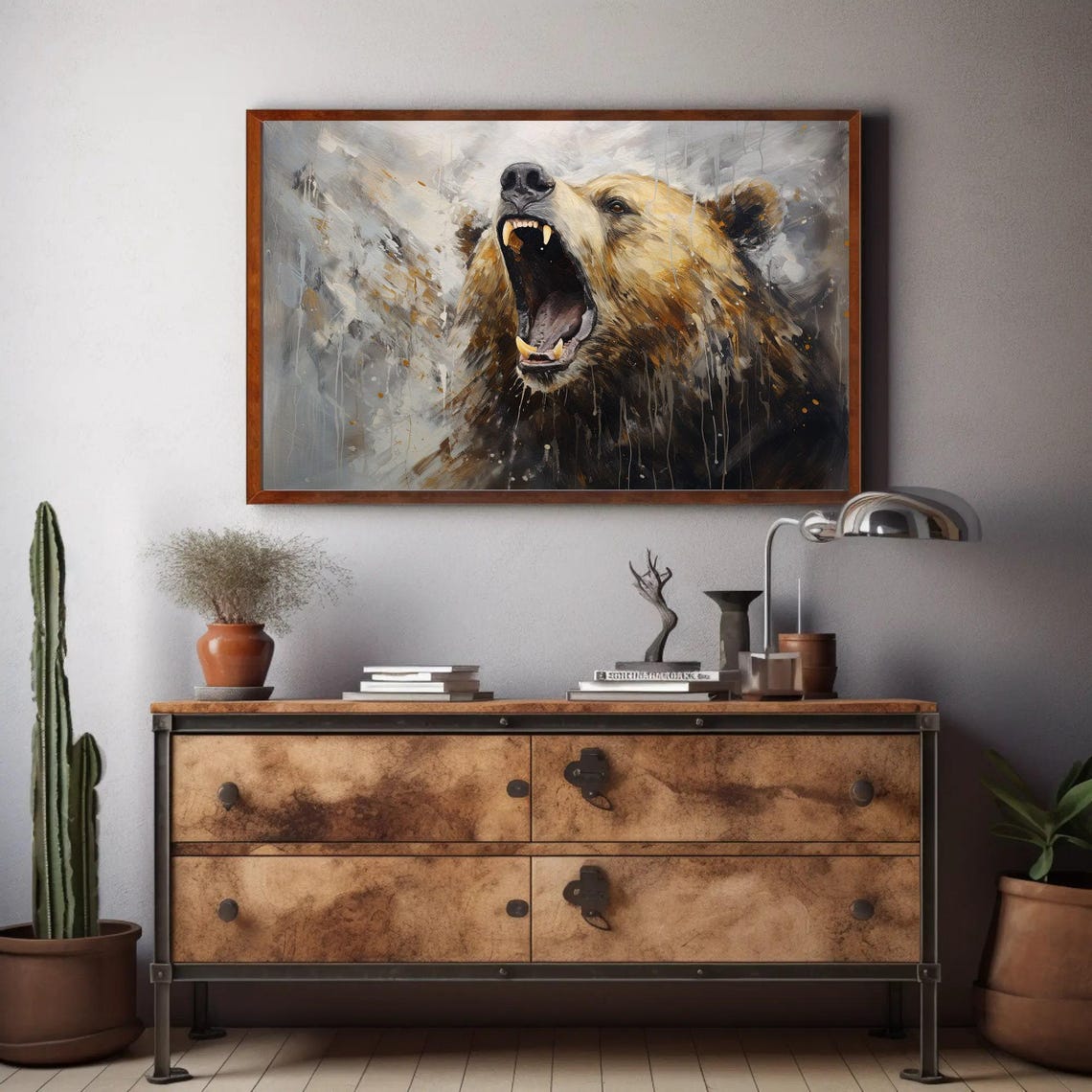 Roaring Grizzly Bear Portrait in Gray Abstract Painterly Style Poster - Image 2