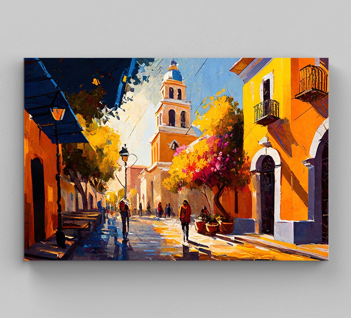Mexican Town Plaza Church Dome Sunny Street Vibrant Art Poster