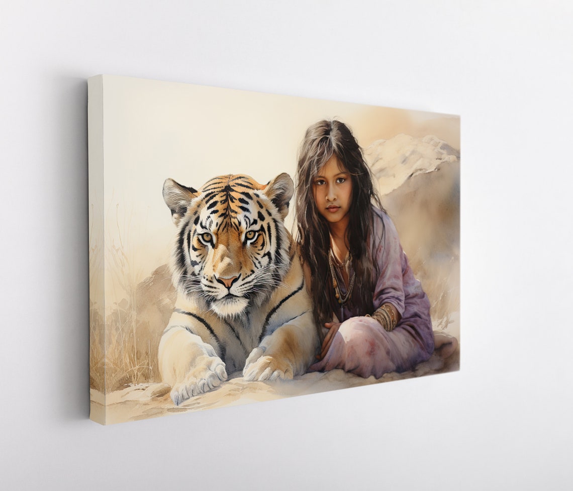 Girl With A Tiger Watercolour Painting Indian Girl Painting Tiger Print Indian Art Indian Watercolor Print Tiger Wall Art - Image 4