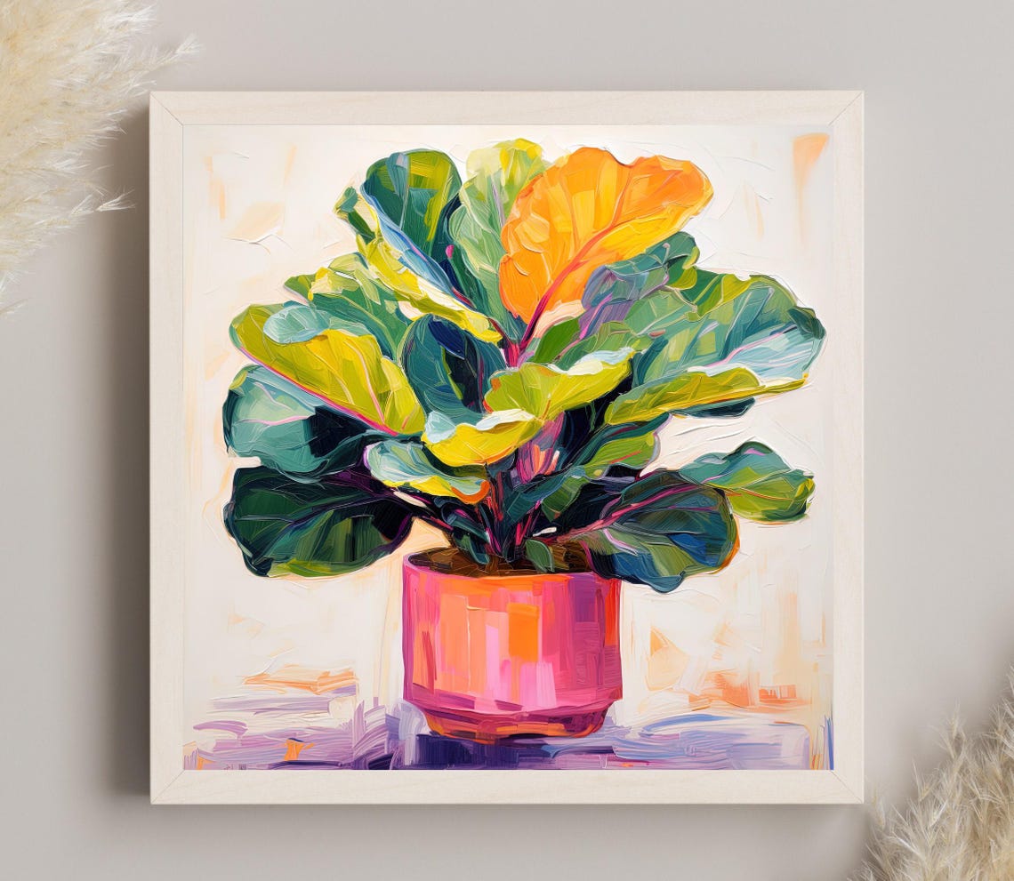Fiddle Leaf Fig Plant in Pink Pot Botanical Oil Painting Poster