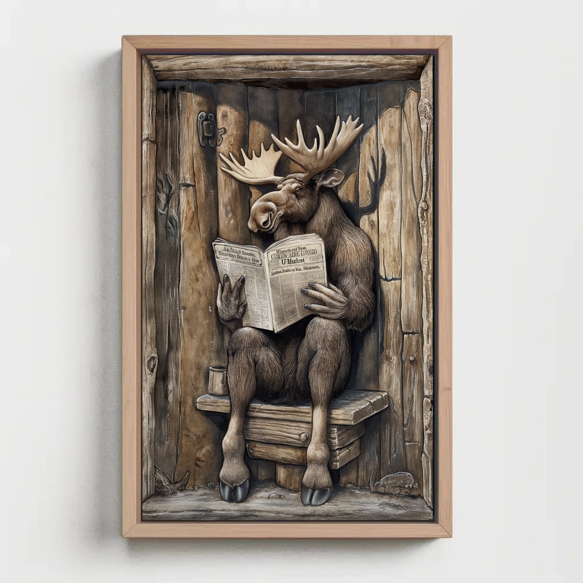 Moose Reading Newspaper on Outhouse Funny Rustic Bathroom Poster