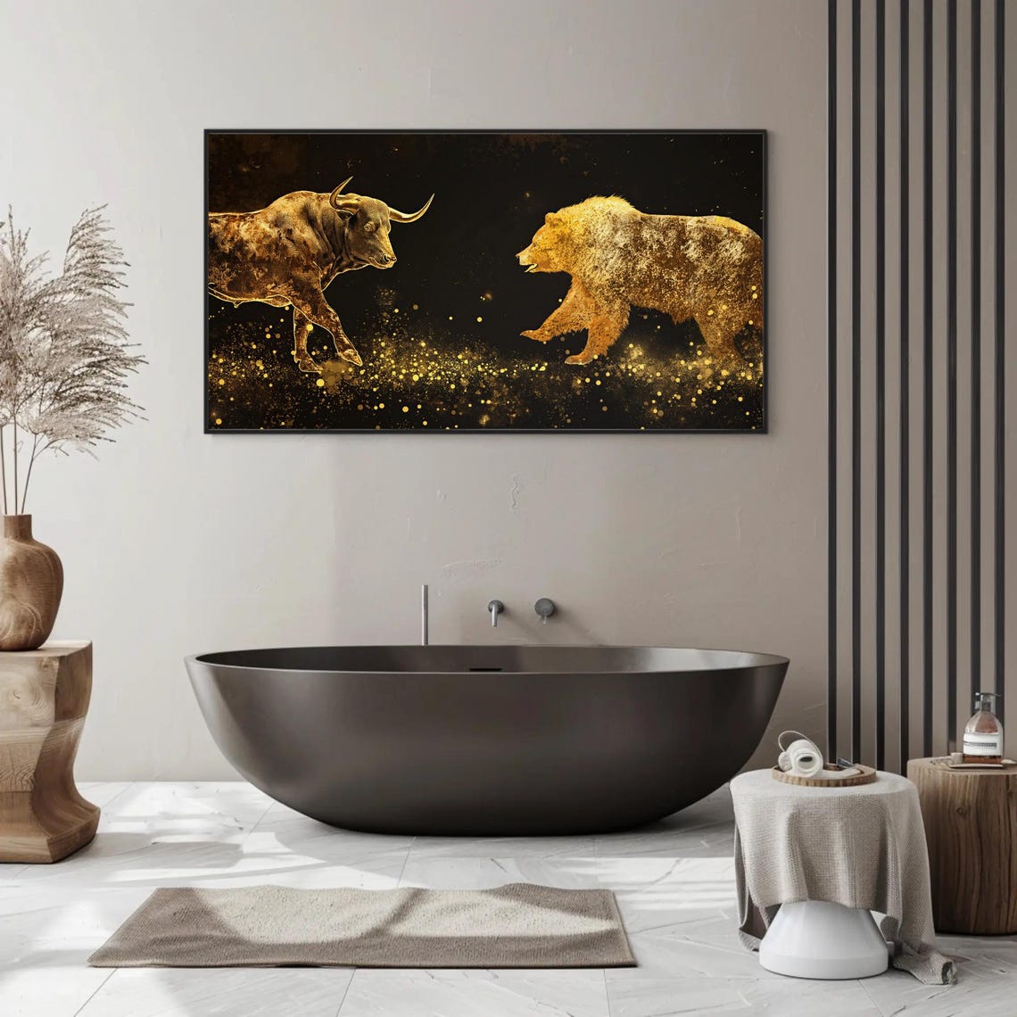 Shimmering Gold Bull Versus Bear Stock Market Art on Black Poster - Image 4