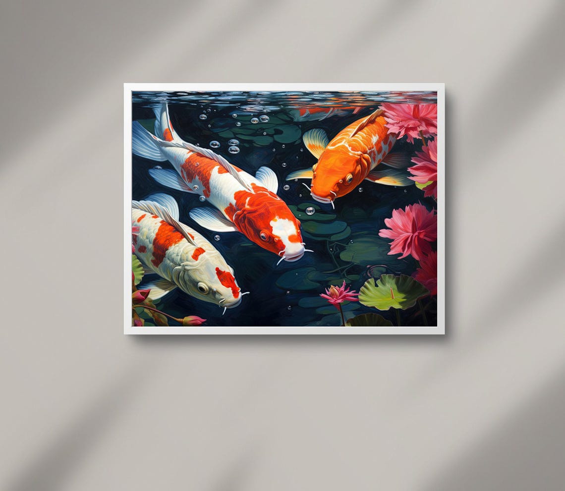Koi Fish Pond With Lotus Blossoms Detailed Oil Painting Poster - Image 2
