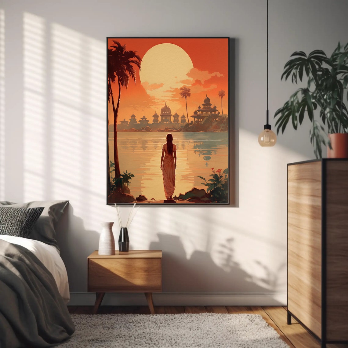 Retro Woman in Sari Viewing Lakeside Temples at Sunset Poster - Image 2
