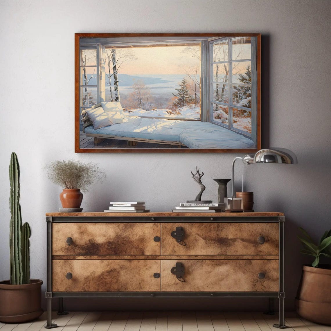 Snowy Cabin Daybed Nook with Windows on Winter Valley Poster - Image 2