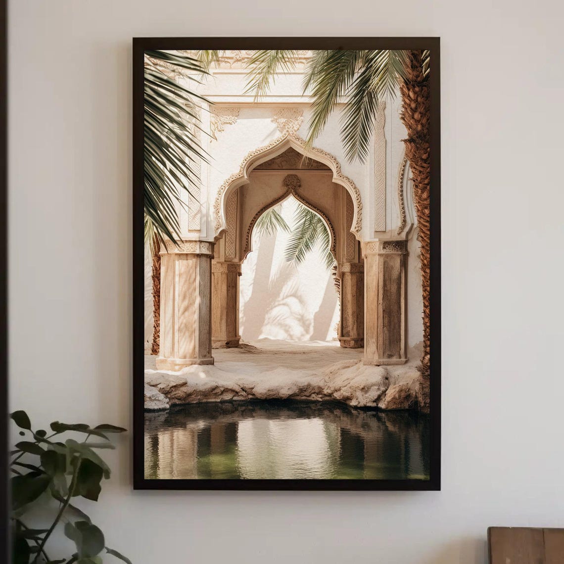 Moorish Stone Archway With Palms and Reflecting Pool Scene Poster