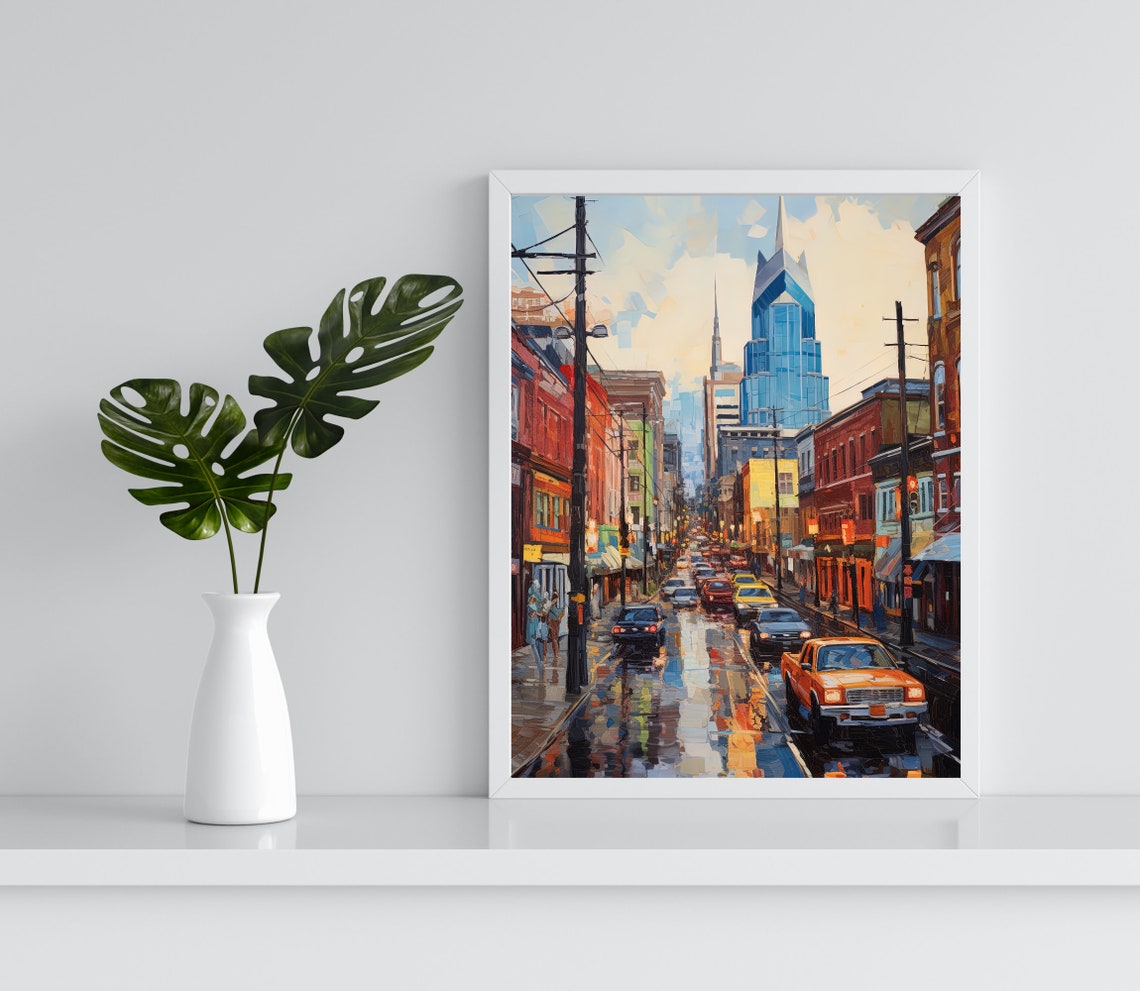 Nashville Tennessee Downtown Street Rainy Neon Lights Scene Poster - Image 3