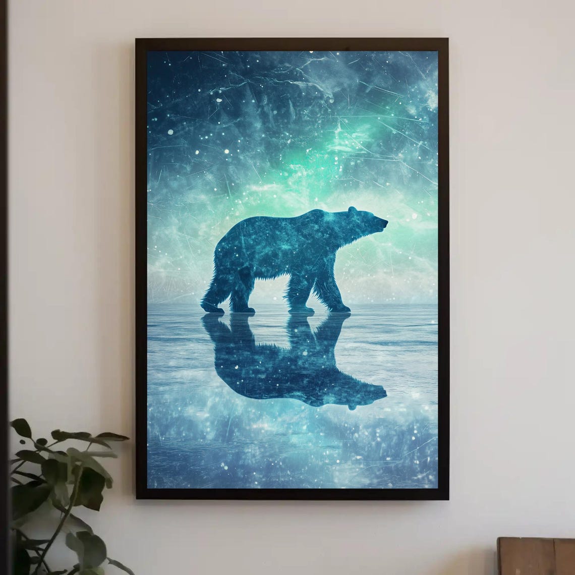 Polar Bear Silhouette on Ice Under the Northern Lights Poster